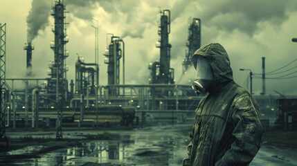 A man in a mask and protective suit against the background of an industrial installation surrounded by a poisoned environment.