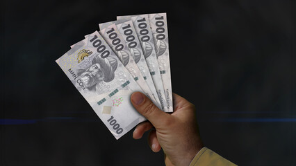 Kyrgyzstan Som growing pile of money in hand concept 3d illustration