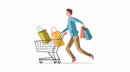 Buyer with shopping cart and bags rushing for big sale