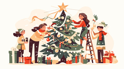 Cute smiling people decorating Christmas tree with