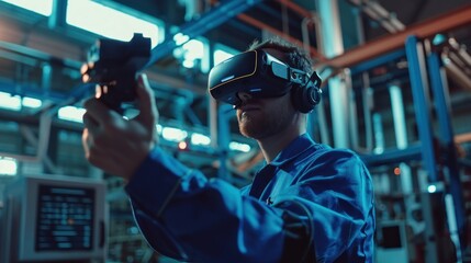 Male engineer wearing headset holding a controller uses VR technology in industrial design in CAD software. - obrazy, fototapety, plakaty
