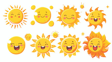 Cute sun flat vector illustrations set. Yellow chil