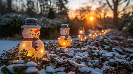 Create a charming winter garden with illuminated snowmen, sparkling snowflakes, and whimsical light-up figures scattered throughout.