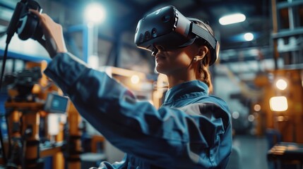 Male engineer wearing headset holding a controller uses VR technology in industrial design in CAD software.