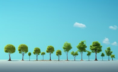 Natural and environmentally friendly concept illustration of many types of trees grows up from soil in different heights on a bright sky background. Generative AI.