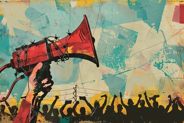 Illustration of a hand holding a megaphone with barbed wire on it, a crowd in the background