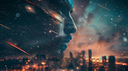 Double exposure photograph of a man with cityscape background and stars