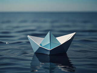 Blue paper boat on open water, symbolizing adventure, exploration, and the simplicity of traditional play.