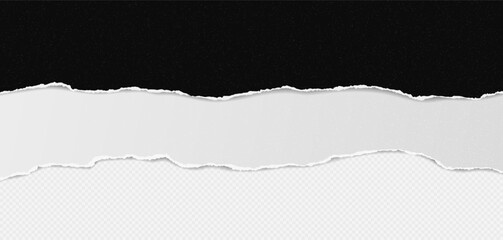 Black and white dusty torn paper strips with soft shadow are on white background. Vector illustration.