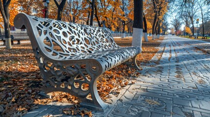 Metal bench on brick walkway in park