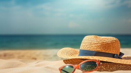 Hat and sunglasses on the beach. Summer holiday concept. Copy space
