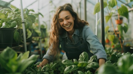 Happy smiling woman gardener working in a greenhouse.