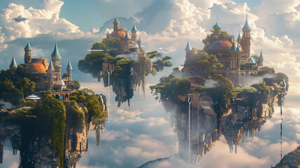 Fantasy world with floating islands - Powered by Adobe