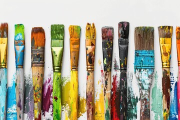 Set of different dirty paint brushes with gouache isolated on white. Composition of colorful painting brushes for drawing arranged in a row. Concept of hobbies and creativity. Banner with copy space - obrazy, fototapety, plakaty