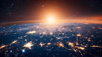 Global connectivity concept with sunrise over Earth showcasing network lines and city lights