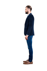 Full size fullbody snap, half face profile portrait of stylish handsome teacher with stubble ,...