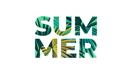 Summer word collage with palm leaves for Summer season creative graphic design. Vector illustration.