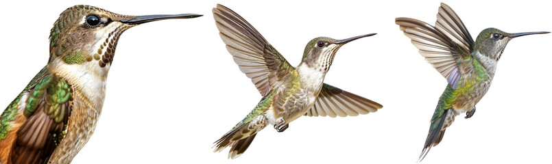Hummingbird bundle, side portrait and flying isolated on a transparent background