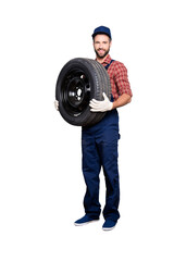 Full size body portrait of cheerful attractive mechanic with stubble in blue overall, shirt, cap...