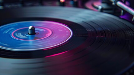 Close-up of a spinning black vinyl record on a DJ's turntable with vibrant lighting