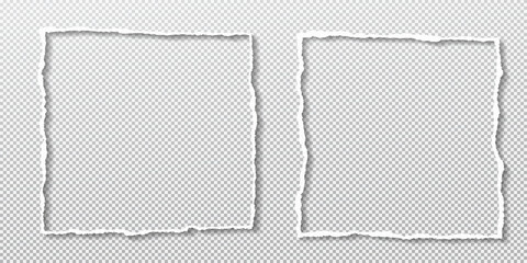 Torn white paper frames with soft shadow is on squared background. Vector illustration.