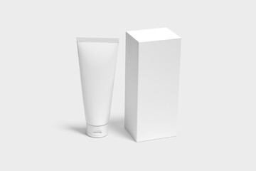 Blank cosmetic bottle with paper box mockup isolated on white background- 3d rendering.