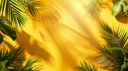 Fototapeta na wymiar Tropical palm leaves with shadows on a vibrant yellow background