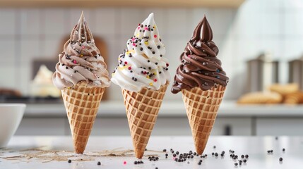 Three freshly served ice cream cones with sprinkles on a kitchen counter. - obrazy, fototapety, plakaty