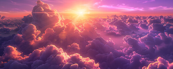 Hot summer or heat wave background, purple sky with clouds and glowing sun - Powered by Adobe