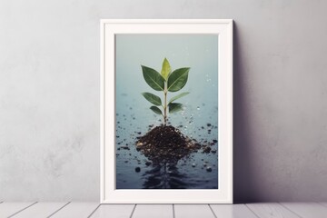 A picture of a small sprout plant in a frame on a green cement wall with indoor plants for indoor decorating. Generative AI.