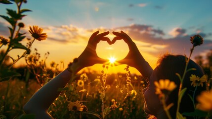 Young girl making heart shape with hands in flower field at sunset - Powered by Adobe