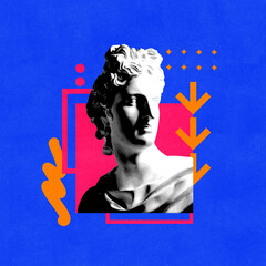 Contemporary art collage. Classical statue's head in black and white, set against vivid blue background, with abstract red shapes. Postmodernism. Concept of sculpture artwork, creativity.