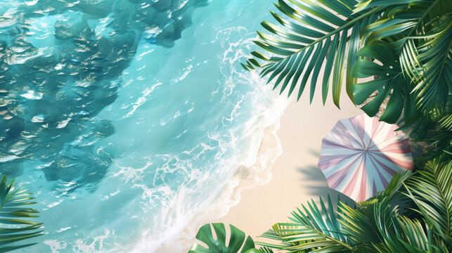 Tropical beach view with crystal clear water, sandy shore, palm leaves, and a colorful umbrella