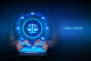 Labor law, Lawyer, Attorney at law, Legal advice concept on virtual screen. Cyberlaw as digital legal services or online lawyer advice. Smartphone in hands. Using smartphone. Vector illustration.