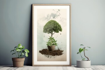 A picture of a small sprout plant in a frame on a green cement wall with indoor plants for indoor decorating. Generative AI.