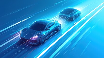 Abstract speed electric cars In the illustration, electric cars are powered by electric energy. Future energy.on blue background  ,Generative ai,  - obrazy, fototapety, plakaty