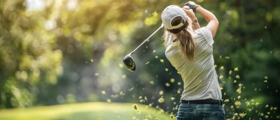 Muurstickers The elegance and concentration of professional female golfer, her form perfect against the backdrop © kilimanjaro 