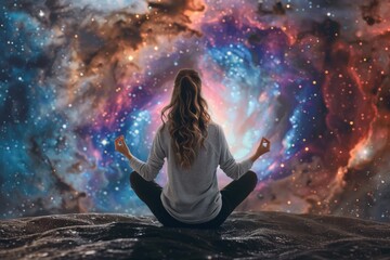 Woman meditating in a cosmic setting, stars and nebula surrounding her in a serene universe