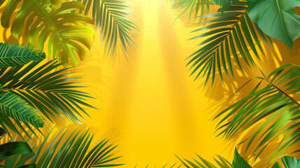 Fototapeta na wymiar Vibrant tropical background with green palm leaves on a sunny yellow backdrop