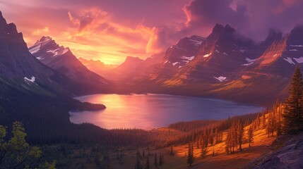 Beautiful colorful sunrise over St. Mary Lake and wild goose island in Glacier national park ,Generative ai,  - obrazy, fototapety, plakaty