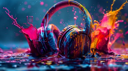 Explosion of colors around headphones in a vibrant display of music and art fusion