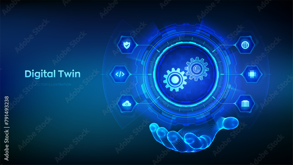 Poster digital twin business and industrial process modelling technology concept on virtual screen. innovat
