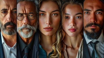 Featuring a series of close-up portraits of diverse individuals, this image captures various ages and ethnic backgrounds, emphasizing detailed facial expressions and emotional depth.