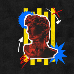 Contemporary art collage. Red-toned classical bust amidst dark background with striking yellow...