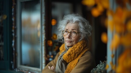 Senior woman with glasses reflects by a window adorned with autumn leaves, enveloped in a warm scarf, embodying solitude and pensiveness.