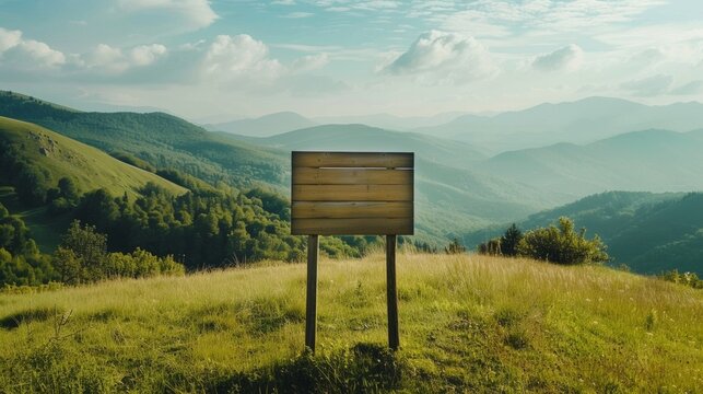 Blank mockup of a scenic viewpoint sign with a rolling hills image and block text. .
