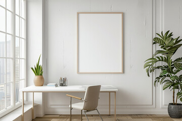 Fototapeta premium Bright, airy office setting with sleek design and a blank white frame, encouraging focus and productivity.