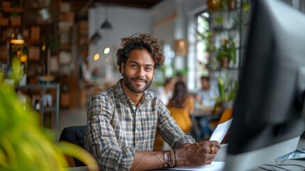 Confident Indian male HR recruiter smiles while holding a resume, sitting at his desk in a vibrant, plant-filled modern office setting.