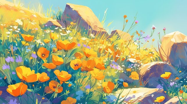 Colorful sunny nature background with orange trollius flowers and violet viola flowers among green grasses and stones near lake edge in bright sun. Many vivid flowers in sunlit motley flower meadow.  