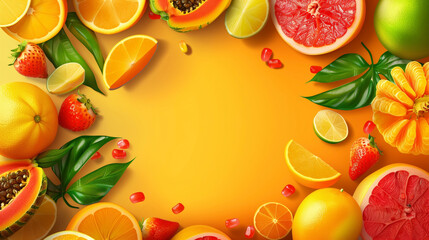 A vibrant image featuring an assortment of citrus fruits and strawberries on a yellow background.